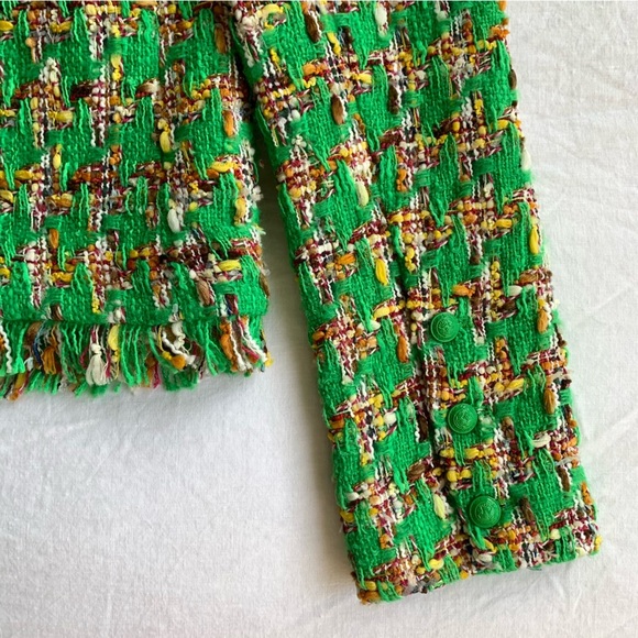 L’agence Angelina Tweed Open Front Pocket Blazer Suit Jacket Green Houndstooth - Picture 6 of 8